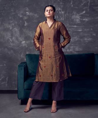 Metallic Brown coloured chanderi tissue kurta & silk pant with embroidery 4