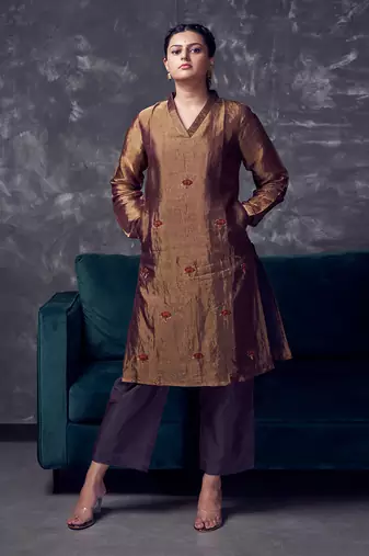 Metallic Brown coloured chanderi tissue kurta & silk pant with embroidery