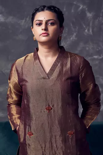 Metallic Brown coloured chanderi tissue kurta & silk pant with embroidery
