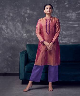 Magenta coloured chanderi tissue kurta & purple silk pant with embroidery 1