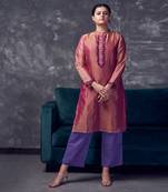 Magenta coloured chanderi tissue kurta & purple silk pant with embroidery