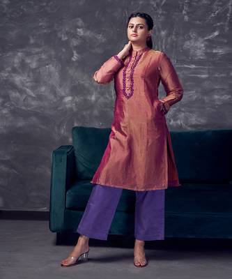 Magenta coloured chanderi tissue kurta & purple silk pant with embroidery 2