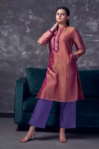 Magenta coloured chanderi tissue kurta & purple silk pant with embroidery