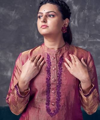 Magenta coloured chanderi tissue kurta & purple silk pant with embroidery 3