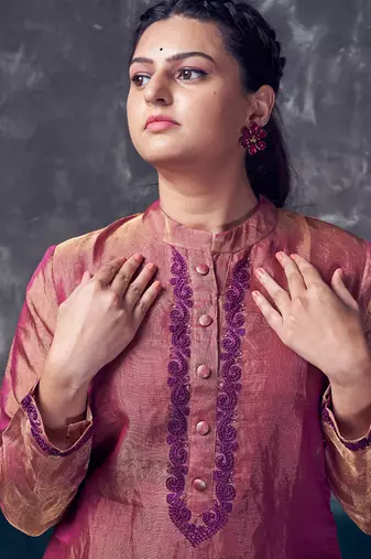 Magenta coloured chanderi tissue kurta & purple silk pant with embroidery