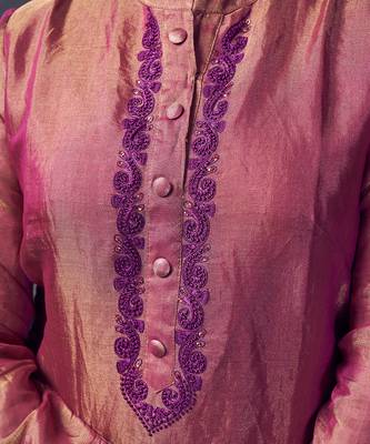 Magenta coloured chanderi tissue kurta & purple silk pant with embroidery 4
