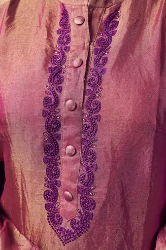 Magenta coloured chanderi tissue kurta & purple silk pant with embroidery