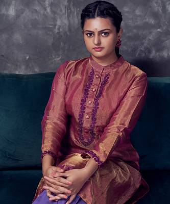Magenta coloured chanderi tissue kurta & purple silk pant with embroidery 5