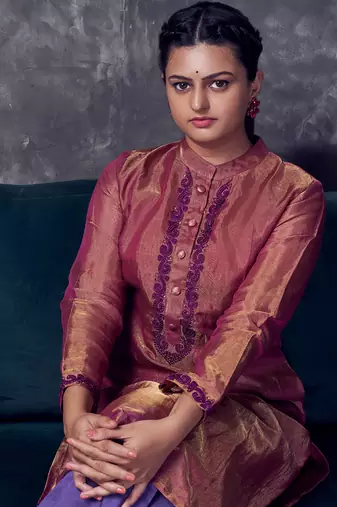 Magenta coloured chanderi tissue kurta & purple silk pant with embroidery