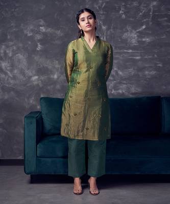 Green coloured chanderi tissue kurta & silk pant with embroidery 1