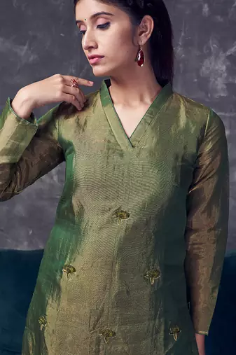 Green coloured chanderi tissue kurta & silk pant with embroidery