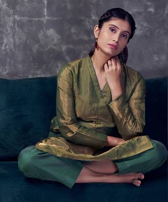 Green coloured chanderi tissue kurta & silk pant with embroidery 5