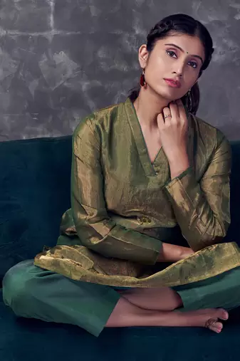 Green coloured chanderi tissue kurta & silk pant with embroidery