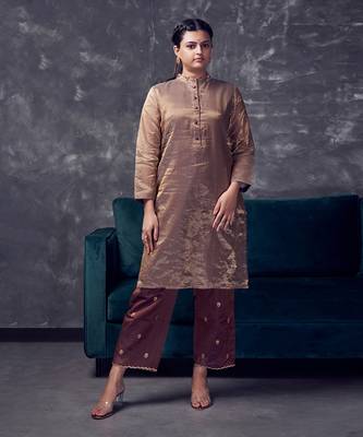 Metallic Brown coloured chanderi zari line tissue silk kurta & silk pant with embroidery 1