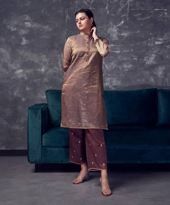 Metallic Brown coloured chanderi zari line tissue silk kurta & silk pant with embroidery 2
