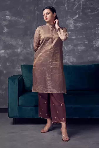 Metallic Brown coloured chanderi zari line tissue silk kurta & silk pant with embroidery