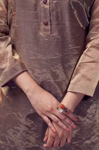 Metallic Brown coloured chanderi zari line tissue silk kurta & silk pant with embroidery