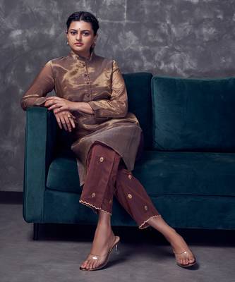 Metallic Brown coloured chanderi zari line tissue silk kurta & silk pant with embroidery 4