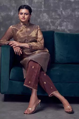 Metallic Brown coloured chanderi zari line tissue silk kurta & silk pant with embroidery