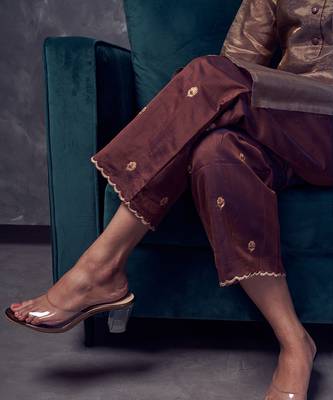 Metallic Brown coloured chanderi zari line tissue silk kurta & silk pant with embroidery 5