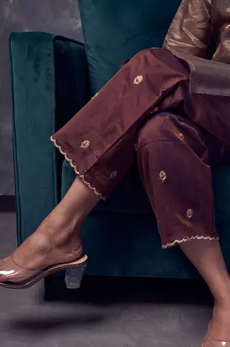 Metallic Brown coloured chanderi zari line tissue silk kurta & silk pant with embroidery
