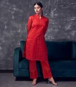 Red coloured chanderi checks silk kurta & pant with heavy cutwork