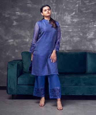 Blue coloured maheshwari zari line  silk kurta & pant with heavy cutwork 1