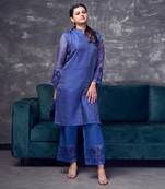 Blue coloured maheshwari zari line  silk kurta & pant with heavy cutwork