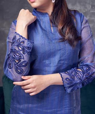 Blue coloured maheshwari zari line  silk kurta & pant with heavy cutwork 2