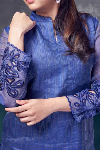 Blue coloured maheshwari zari line  silk kurta & pant with heavy cutwork