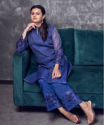 Blue coloured maheshwari zari line  silk kurta & pant with heavy cutwork 3