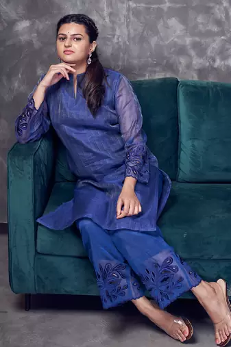 Blue coloured maheshwari zari line  silk kurta & pant with heavy cutwork
