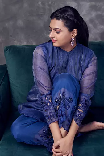 Blue coloured maheshwari zari line  silk kurta & pant with heavy cutwork