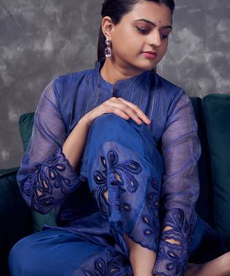 Blue coloured maheshwari zari line  silk kurta & pant with heavy cutwork 5