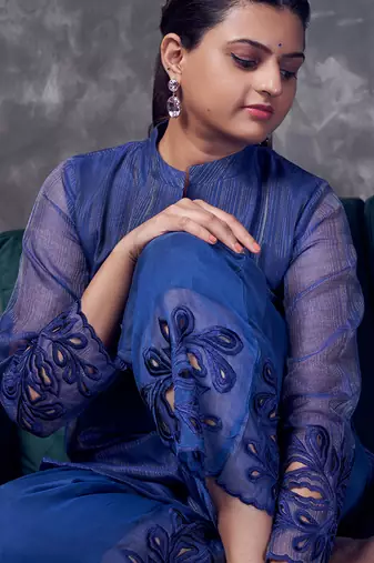 Blue coloured maheshwari zari line  silk kurta & pant with heavy cutwork