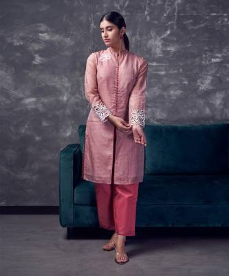 Peach coloured chanderi zari line silk sherwani pattern kurta & pant with cutwork & embroidery 1