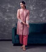 Peach coloured chanderi zari line silk sherwani pattern kurta & pant with cutwork & embroidery