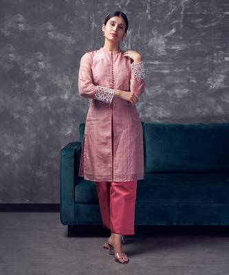 Peach coloured chanderi zari line silk sherwani pattern kurta & pant with cutwork & embroidery 2