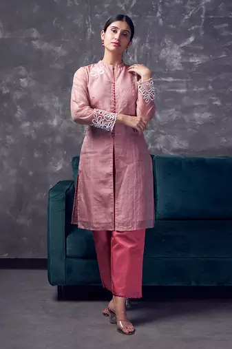 Peach coloured chanderi zari line silk sherwani pattern kurta & pant with cutwork & embroidery