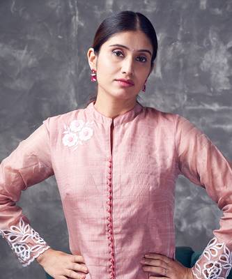 Peach coloured chanderi zari line silk sherwani pattern kurta & pant with cutwork & embroidery 3