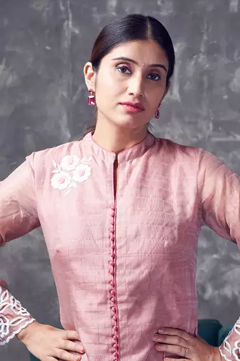 Peach coloured chanderi zari line silk sherwani pattern kurta & pant with cutwork & embroidery
