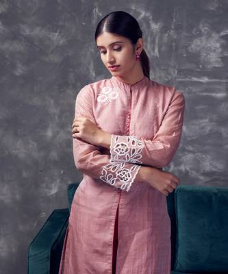 Peach coloured chanderi zari line silk sherwani pattern kurta & pant with cutwork & embroidery 4