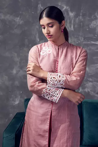Peach coloured chanderi zari line silk sherwani pattern kurta & pant with cutwork & embroidery