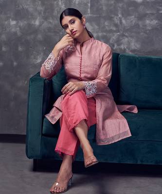 Peach coloured chanderi zari line silk sherwani pattern kurta & pant with cutwork & embroidery 5