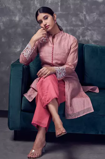 Peach coloured chanderi zari line silk sherwani pattern kurta & pant with cutwork & embroidery