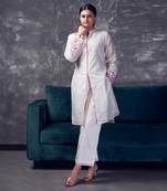 White coloured chanderi checks silk sherwani pattern kurta & pant with cutwork & embroidery