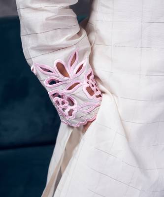 White coloured chanderi checks silk sherwani pattern kurta & pant with cutwork & embroidery 3