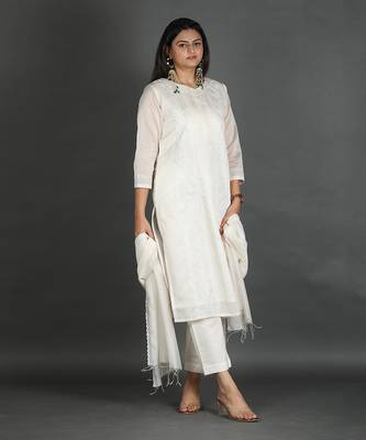 white coloured chanderi silk set & dupatta with heavy dori embroidery on kurta 1