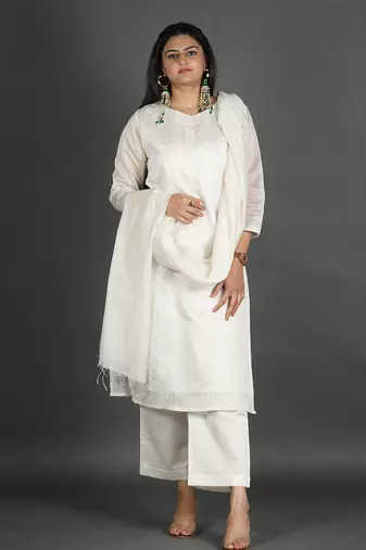 white coloured chanderi silk set & dupatta with heavy dori embroidery on kurta