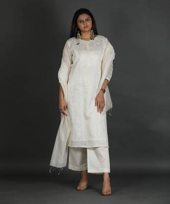 white coloured chanderi silk set & dupatta with heavy dori embroidery on kurta 5
